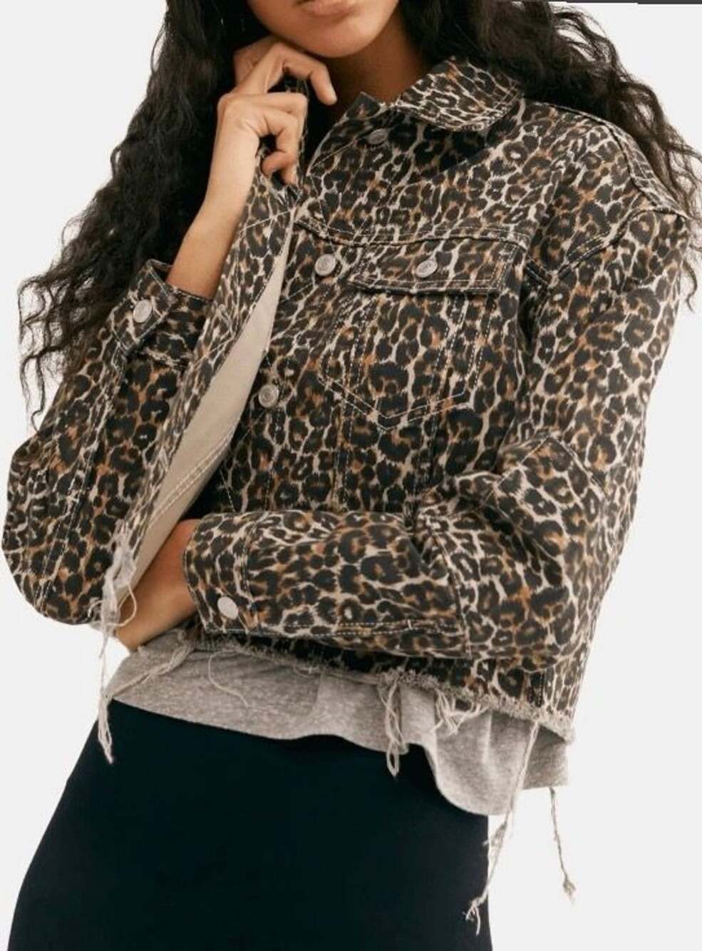 Free People Denim Jacket XS Animal Print Brown Raw Hem Chic